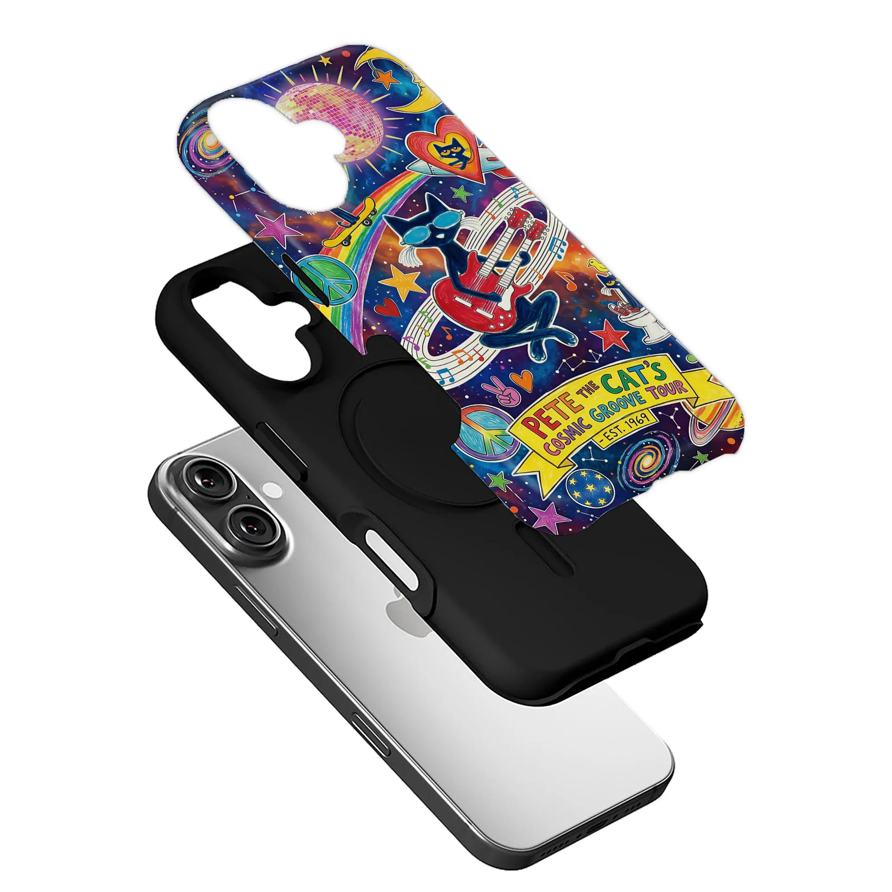 Colorful cosmic Pete the Cat phone case shown angled above black base