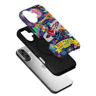 Colorful cosmic Pete the Cat phone case shown angled above black base
