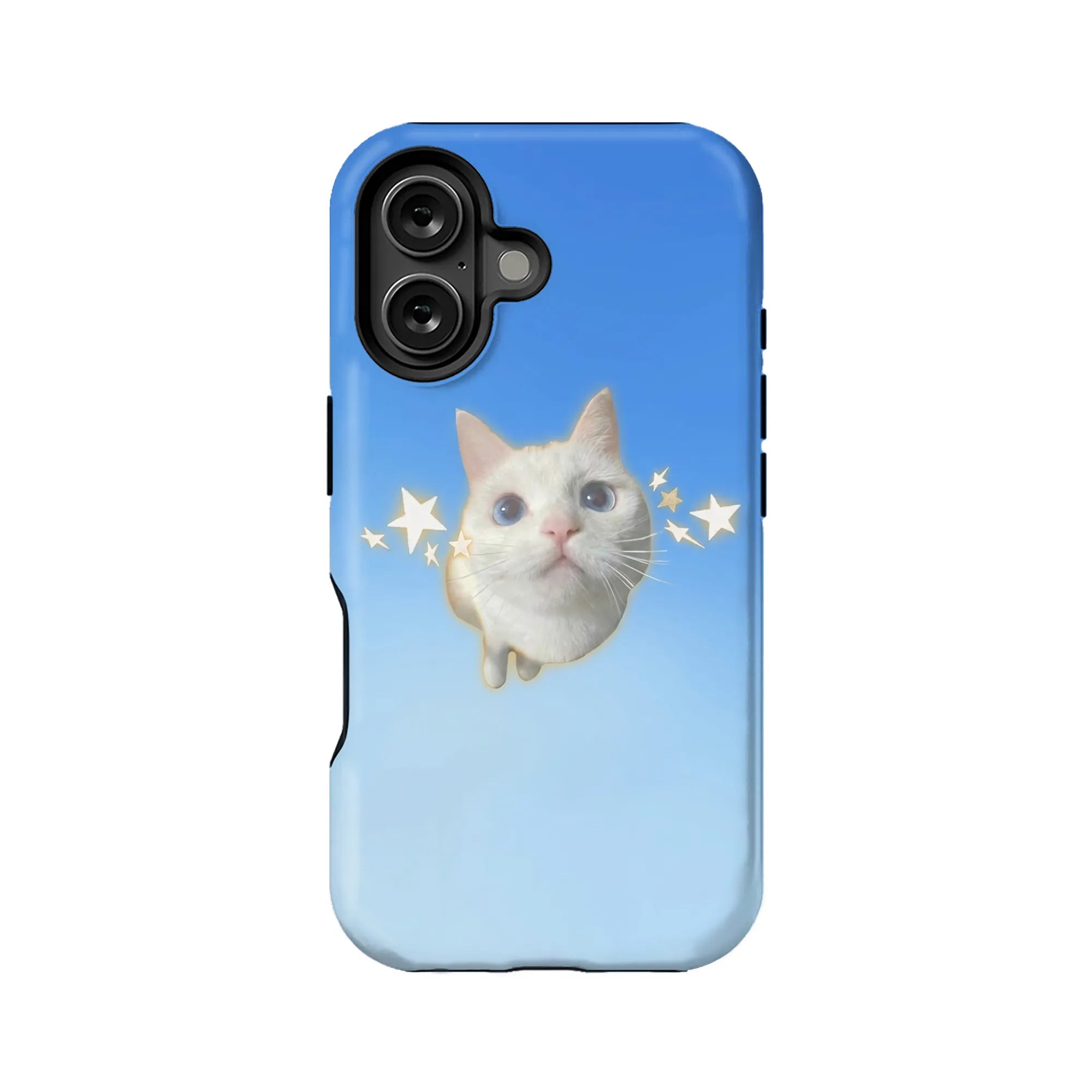 Blue gradient phone case with white cat and stars, rear product angle