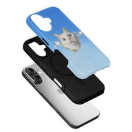 Blue cat print phone case with black liner, angled exploded product view