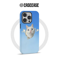 Blue gradient CASEEASE iPhone case with white cat and stars, rear angled display
