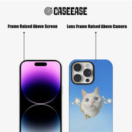 Blue cat phone case shown front and back with raised screen and camera frames