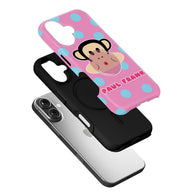 Pink polka dot Paul Frank monkey phone case shown angled above black smartphone