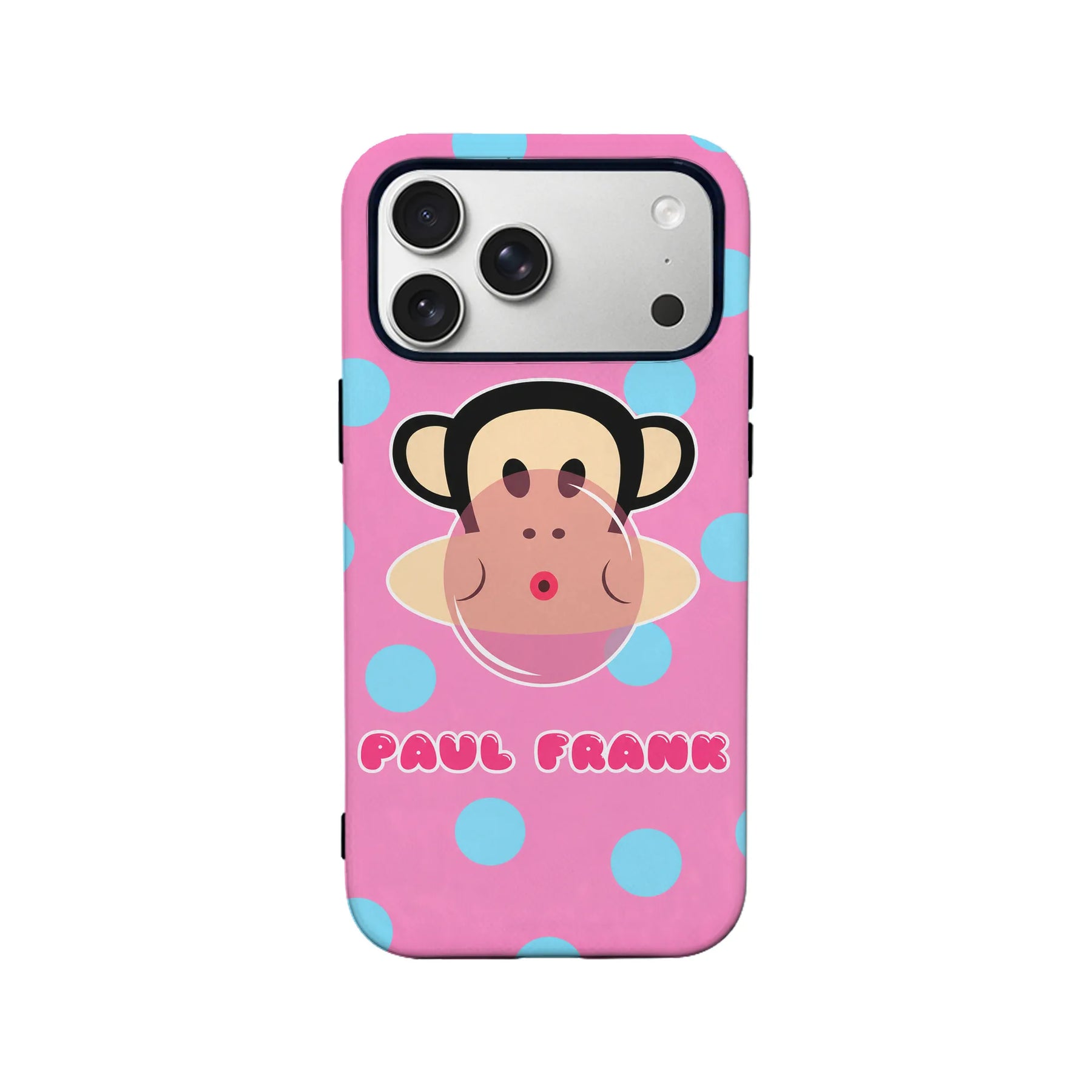 Pink Paul Frank monkey phone case with blue polka dots, rear product angle