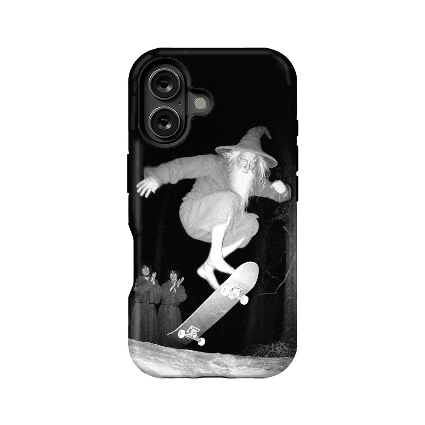 Black phone case back view with grayscale wizard skateboarding artwork and camera cutout
