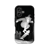 Black phone case back view with grayscale wizard skateboarding artwork and camera cutout