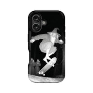 Black phone case back view with grayscale wizard skateboarding artwork and camera cutout