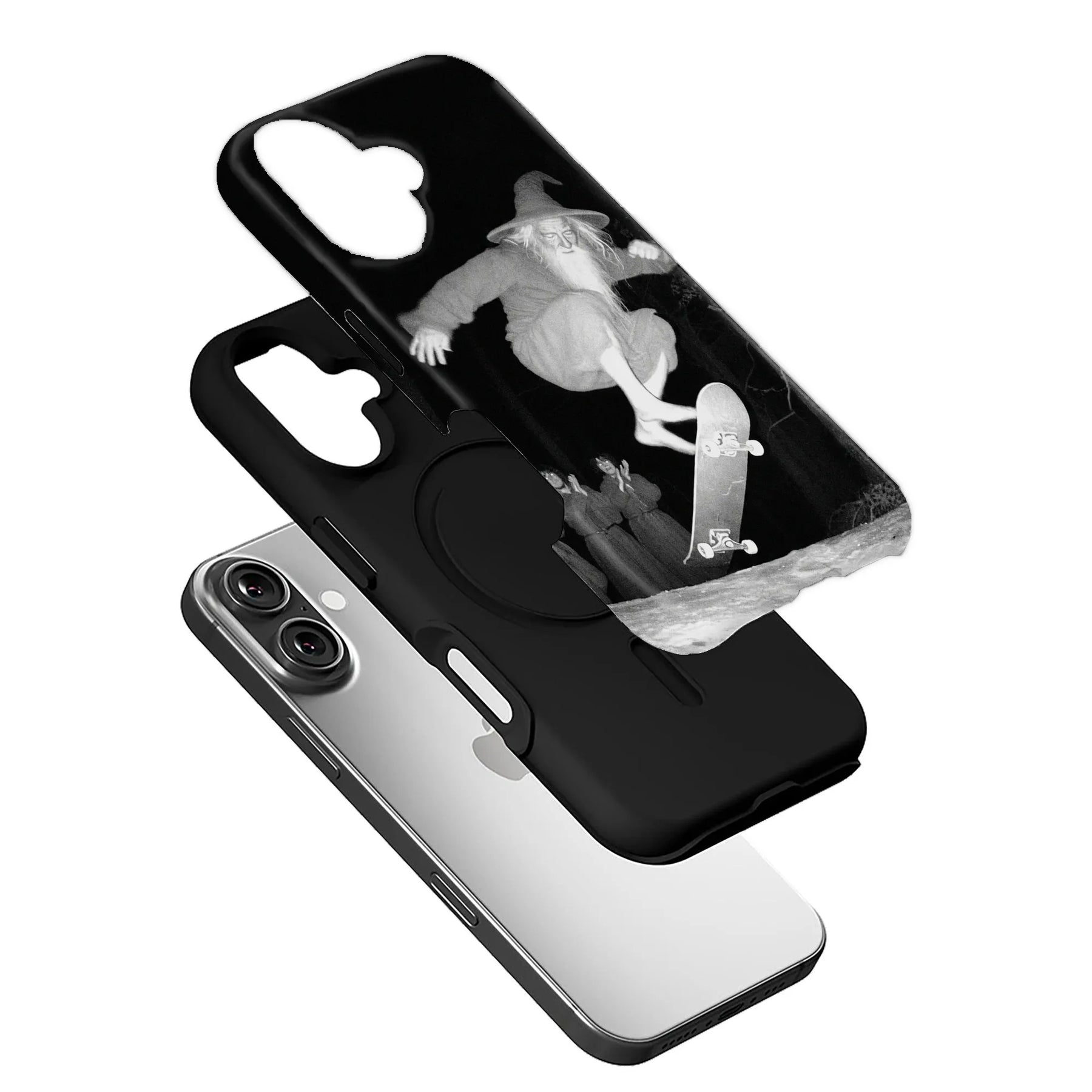 Black phone case with grayscale wizard skateboard design shown angled above smartphone