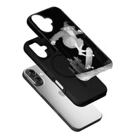 Black phone case with grayscale wizard skateboard design shown angled above smartphone