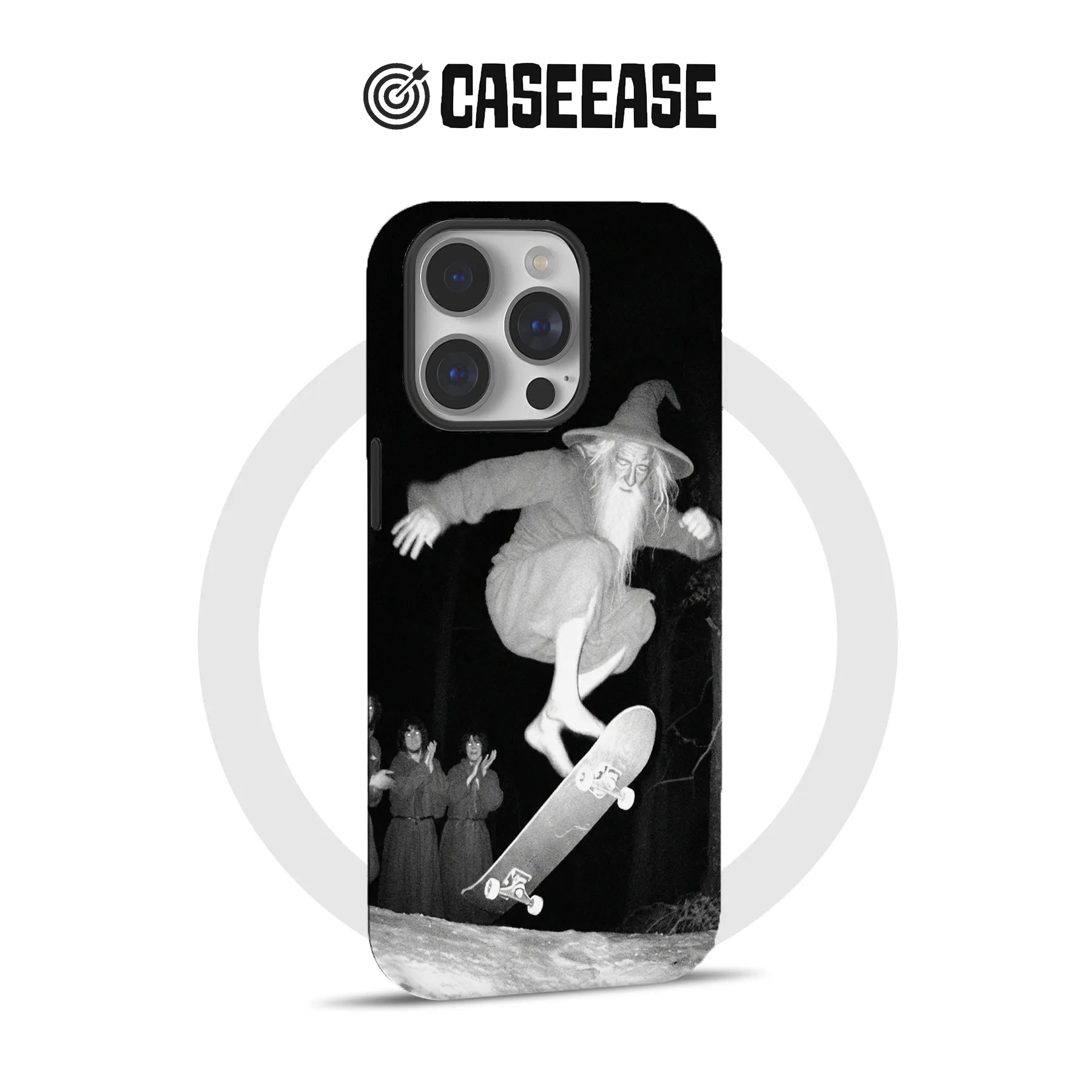 Black CASEEASE phone case with monochrome skateboarding wizard graphic, rear product view