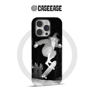 Black CASEEASE phone case with monochrome skateboarding wizard graphic, rear product view