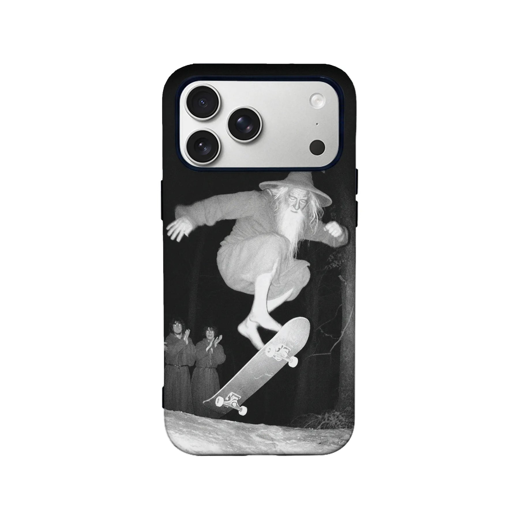Black phone case with grayscale skateboarding wizard design, rear product view