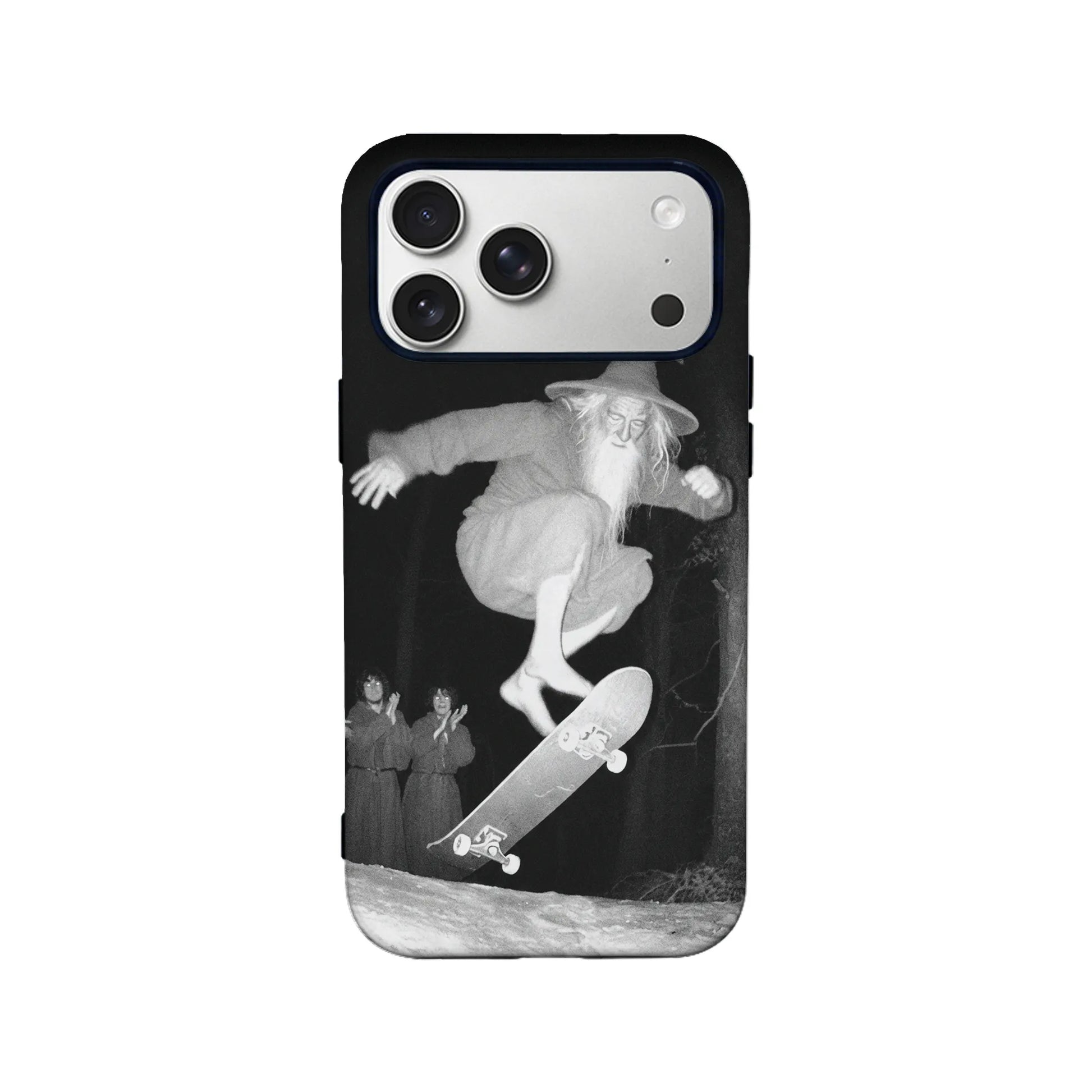 Black phone case with grayscale skateboarding wizard design, rear product view