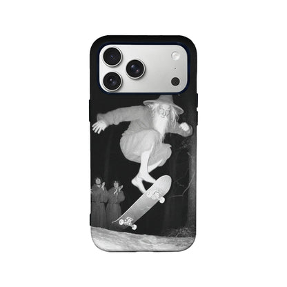 Black phone case with grayscale skateboarding wizard design, rear product view
