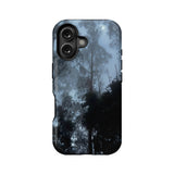Blue black misty forest print phone case, rear angle with dual camera cutout