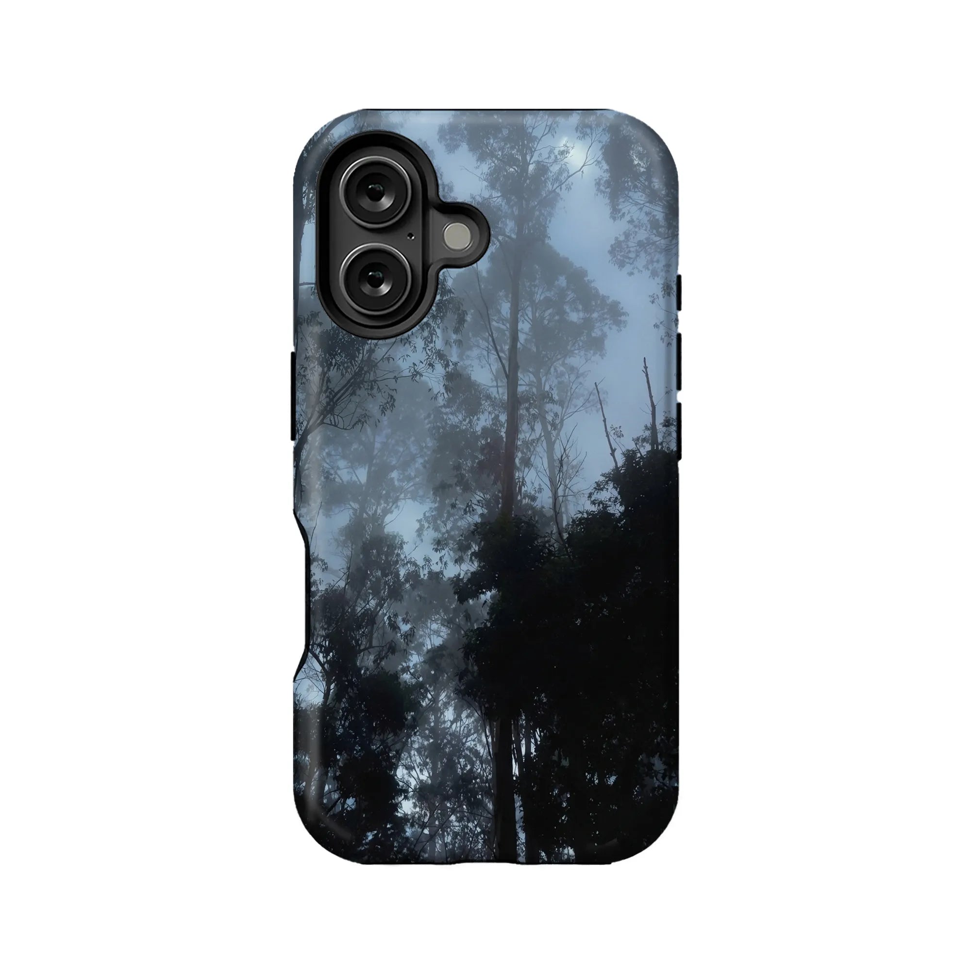 Blue black misty forest print phone case, rear angle with dual camera cutout