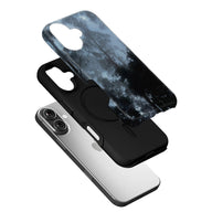 Glossy forest print phone case with black frame shown exploded above silver smartphone