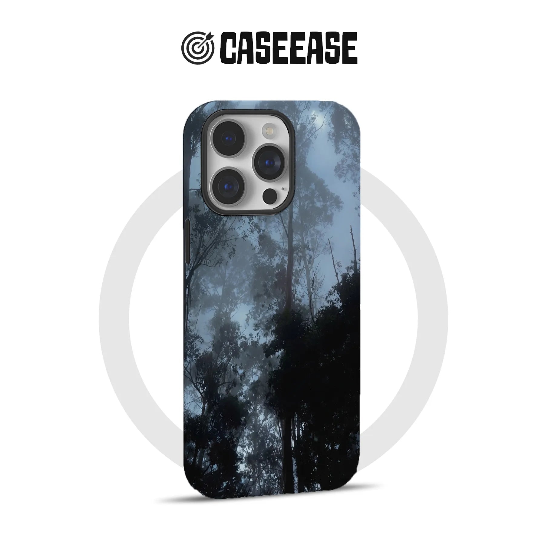 CASEEASE blue forest print iPhone case, rear angle with triple camera cutout