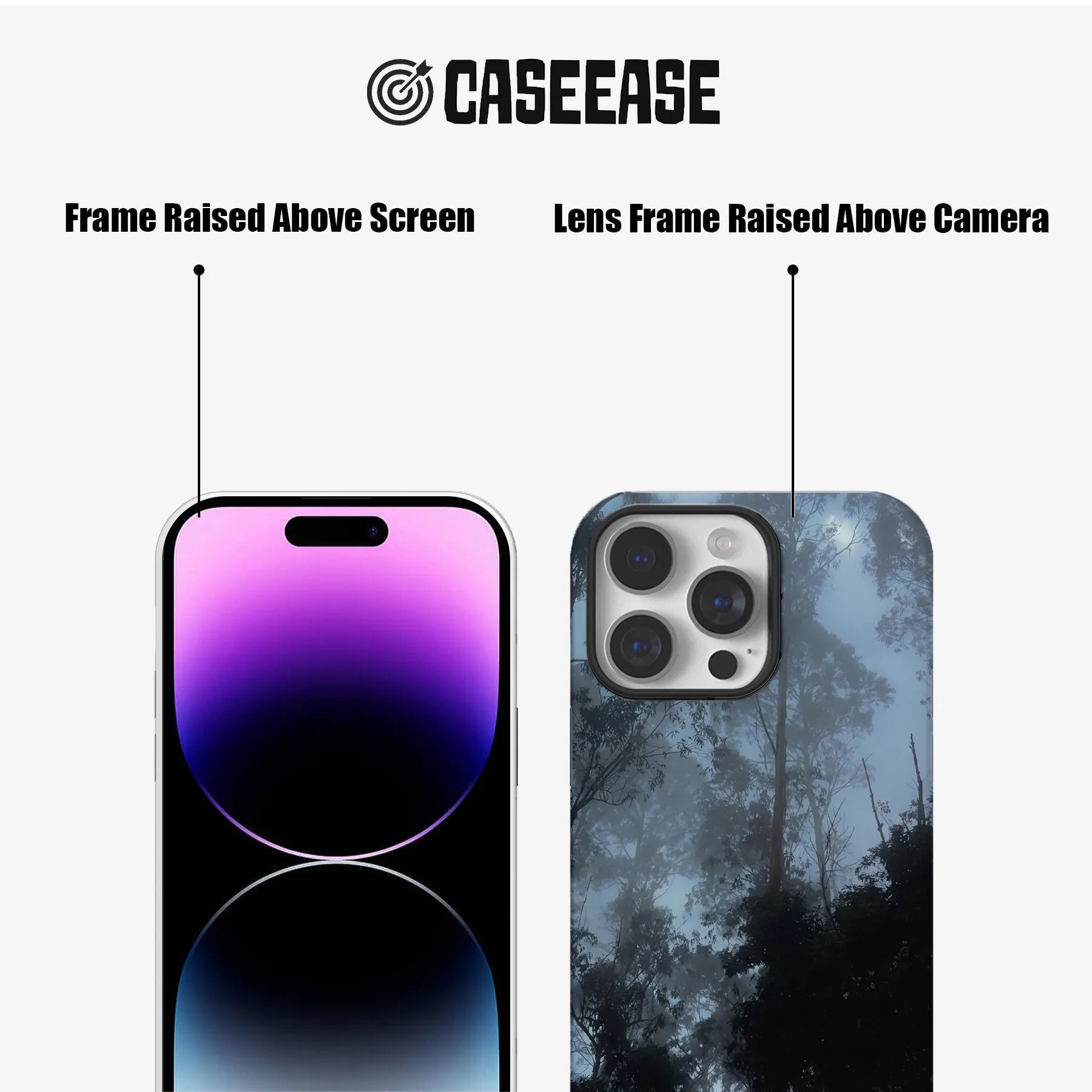 Blue forest print phone case shown front and back with raised camera and screen edges