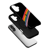 Black phone case with rainbow design shown angled above silver smartphone installation