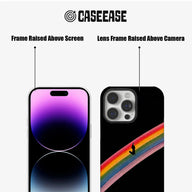 Black CASEEASE phone case with rainbow stripe, front and rear angle showing raised frames