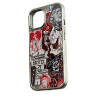 Silver phone case with red and black western collage design, angled side profile