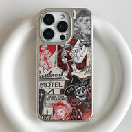 Silver phone case with red and black western collage, close-up rear angle