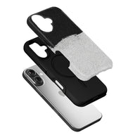 Black and white textured phone case shown exploded at an angle above smartphone