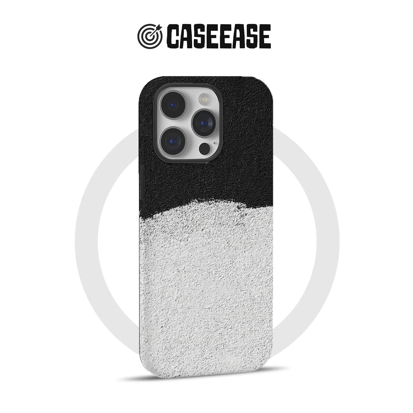 Black and white textured CASEEASE phone case, rear angle for iPhone camera cutout