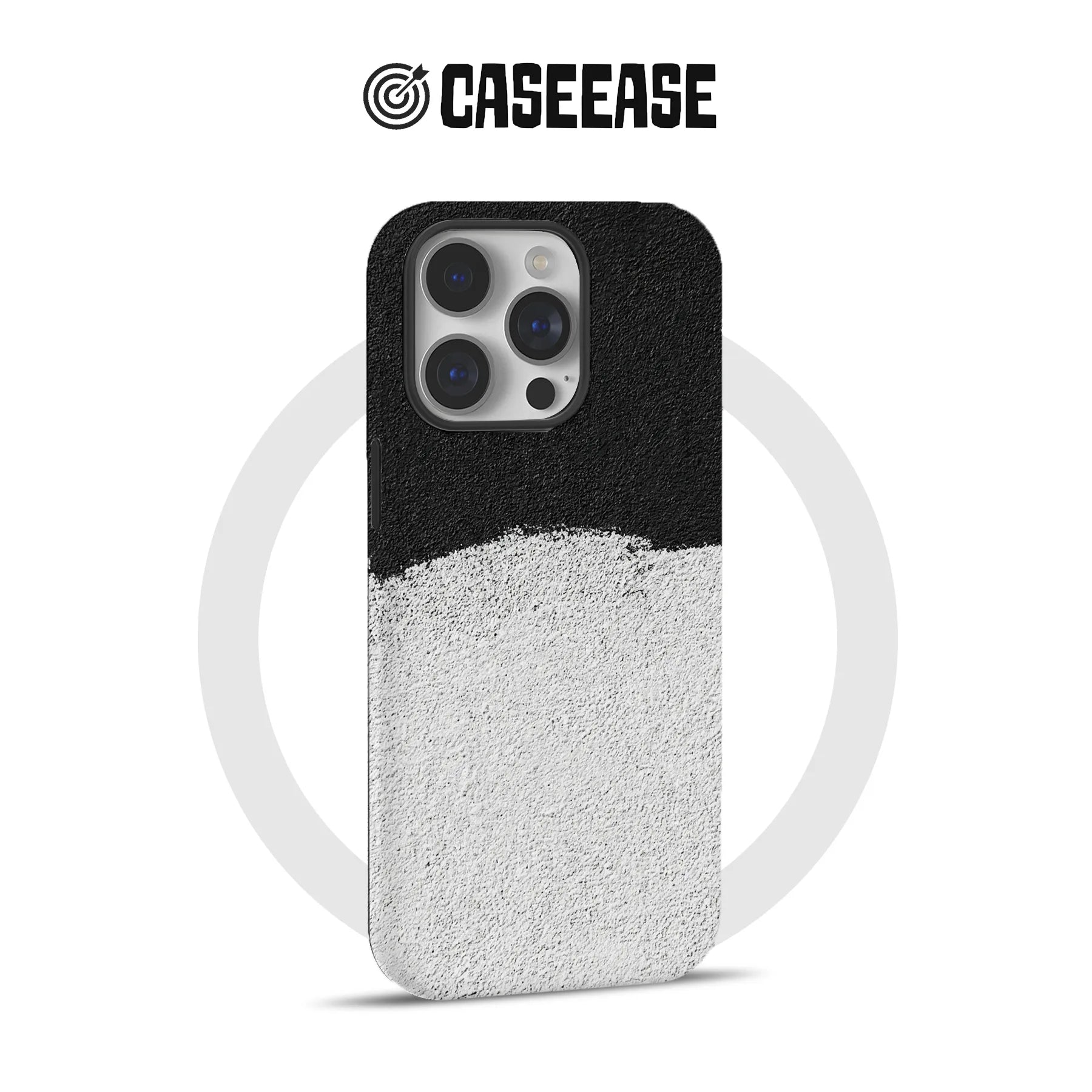 Black and white textured CASEEASE phone case, rear angle for iPhone camera cutout
