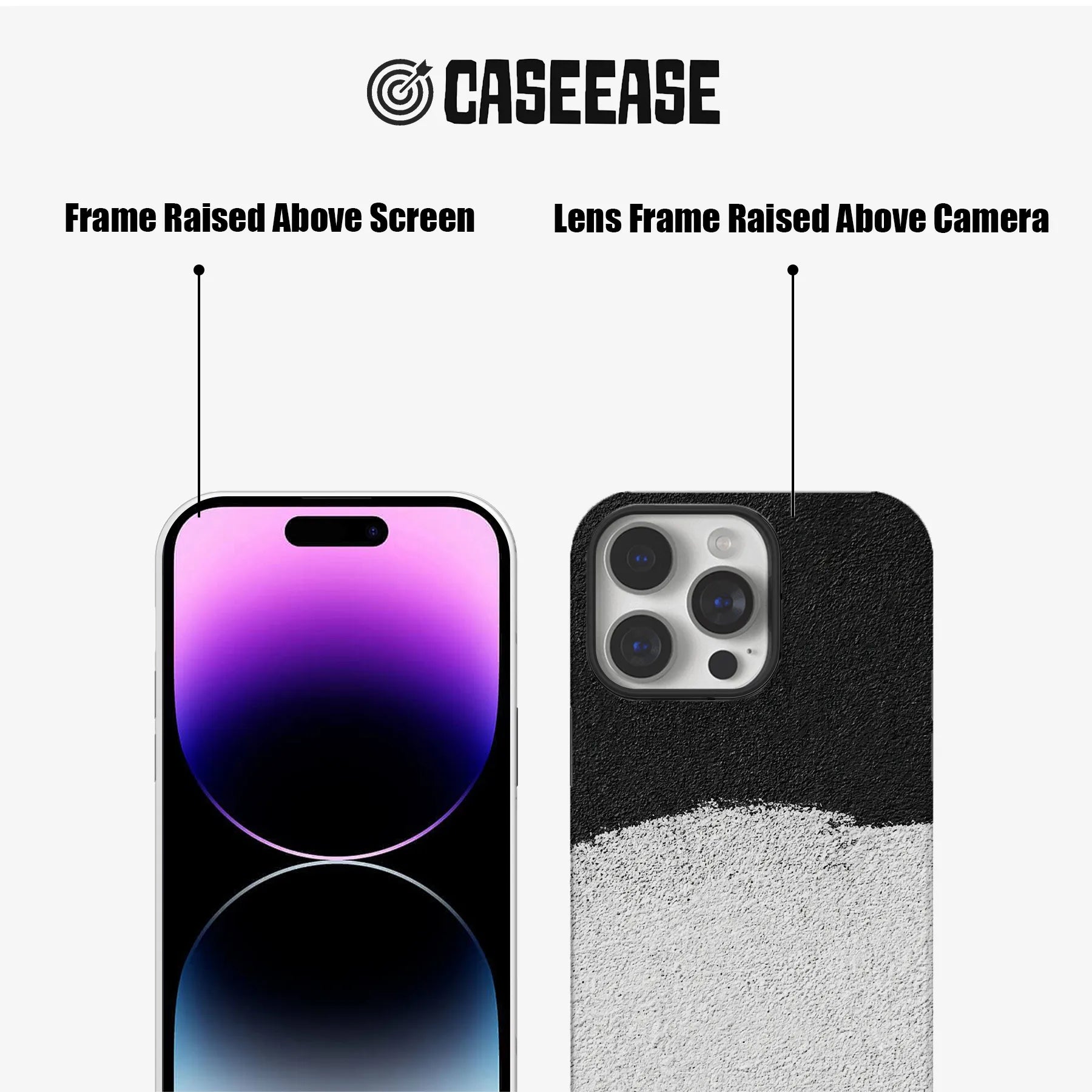 Black and white phone case close-up showing raised screen and camera frames