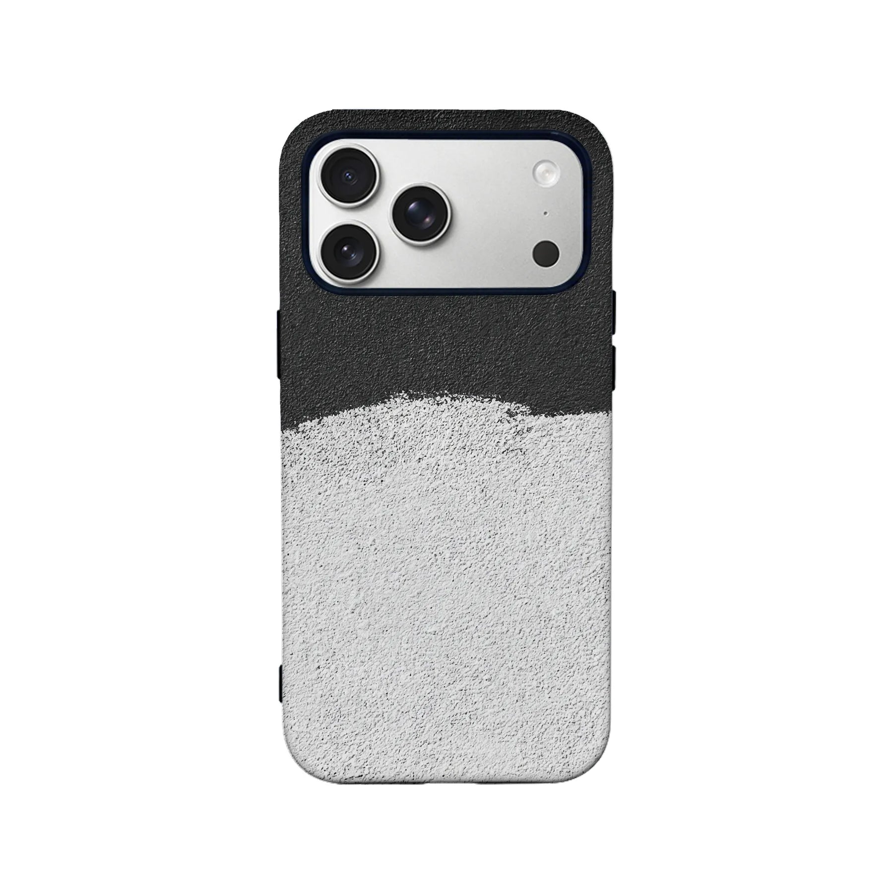 Black and white textured plastic phone case, rear view with camera cutout