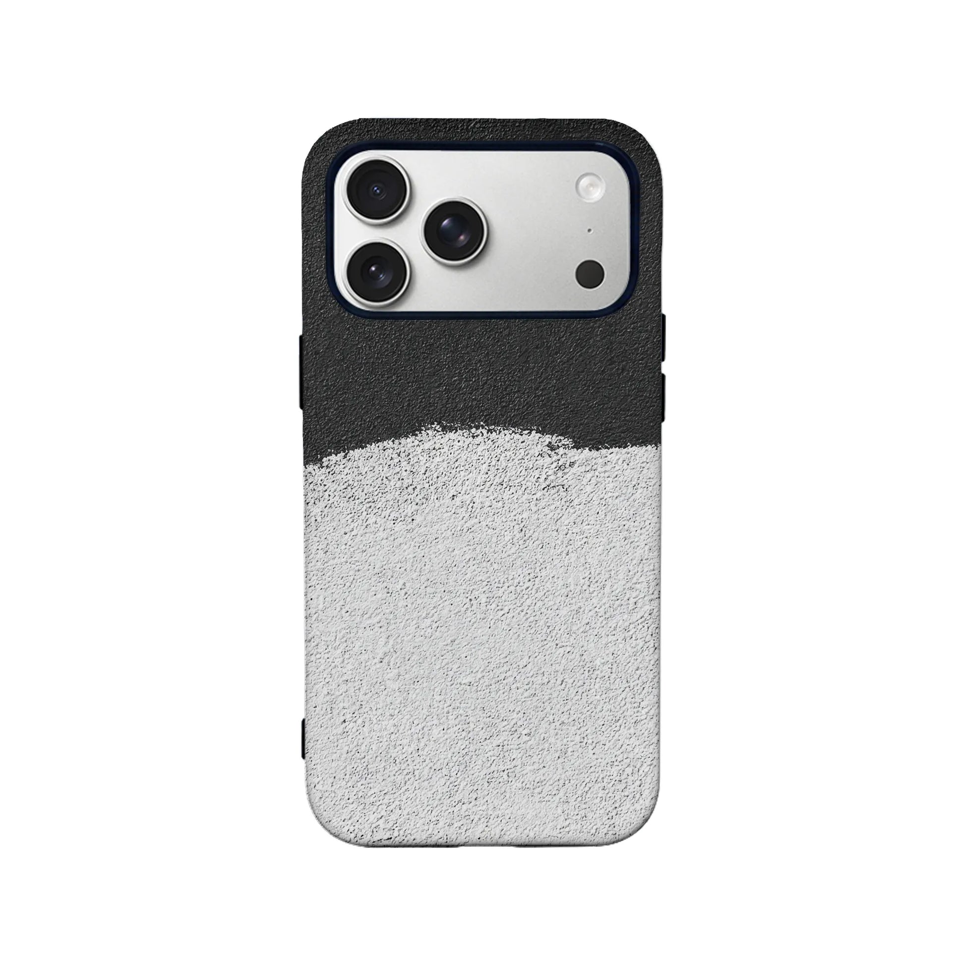 Black and white textured plastic phone case, rear view with camera cutout