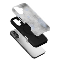 Gray marble-pattern phone case layers shown above black case and silver smartphone