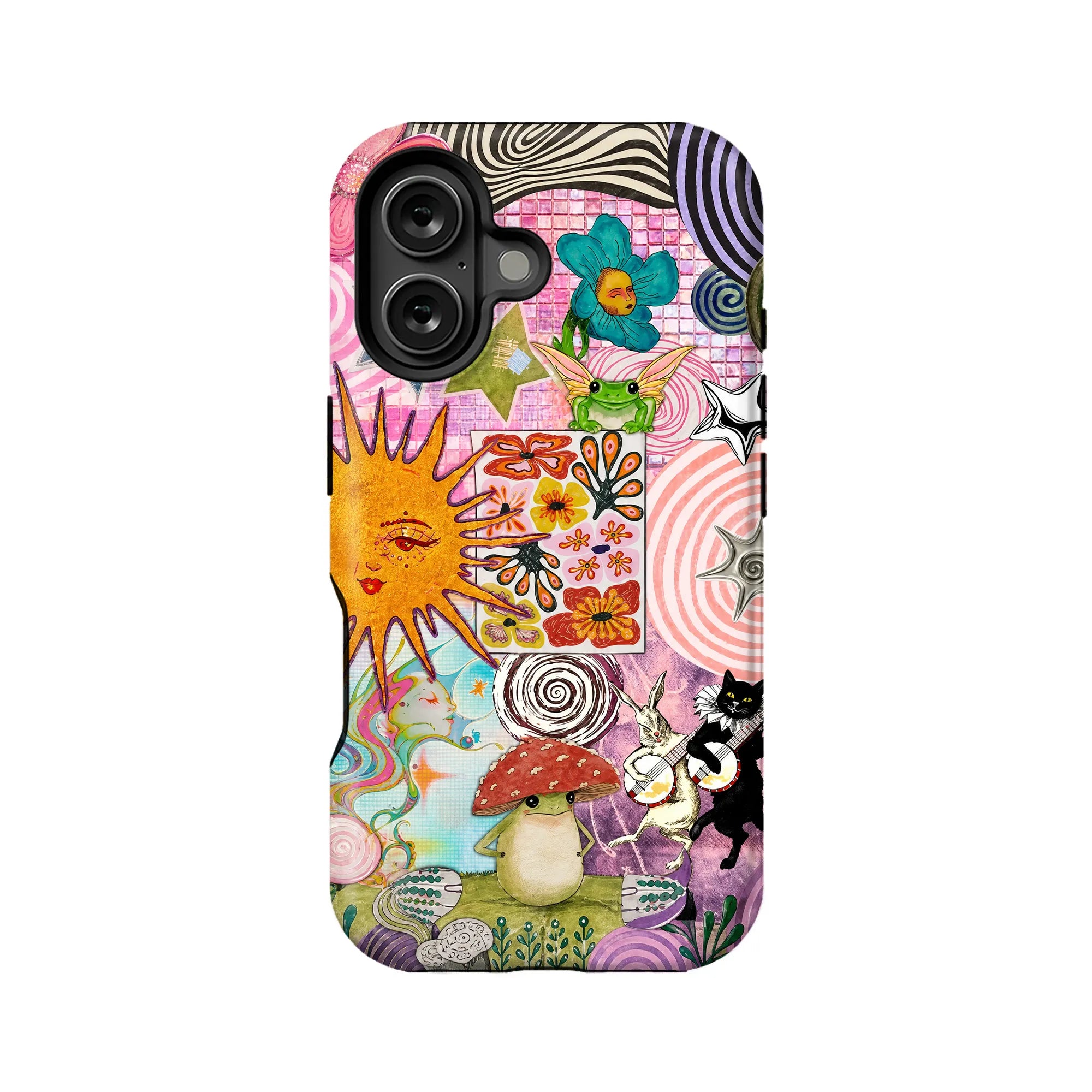 Colorful whimsical plastic phone case with sun, flowers, animals, rear product view