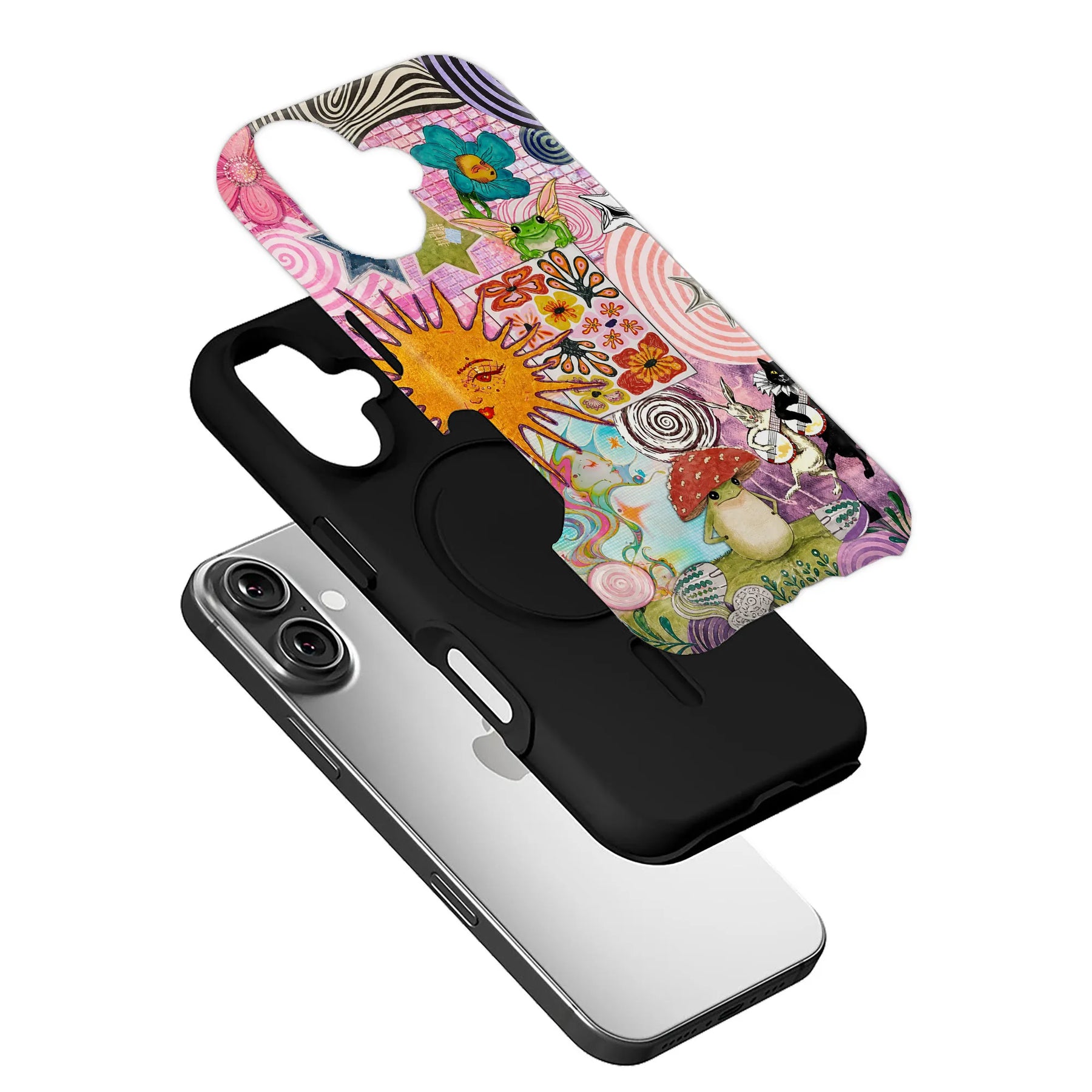 Colorful illustrated phone case with black insert shown exploded above smartphone