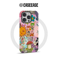 Colorful illustrated phone case with sun, flowers, animals, and triple-camera back view