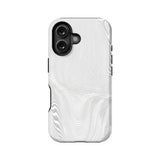 White wavy patterned plastic phone case, rear angle, with dual camera cutout
