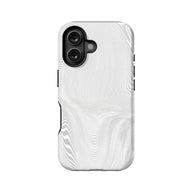 White wavy patterned plastic phone case, rear angle, with dual camera cutout
