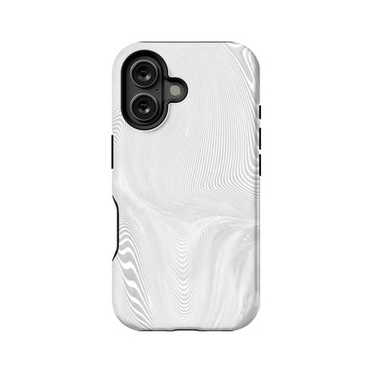 White wavy patterned plastic phone case, rear angle, with dual camera cutout