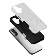 Black phone case with white textured insert, exploded angled view over smartphone camera