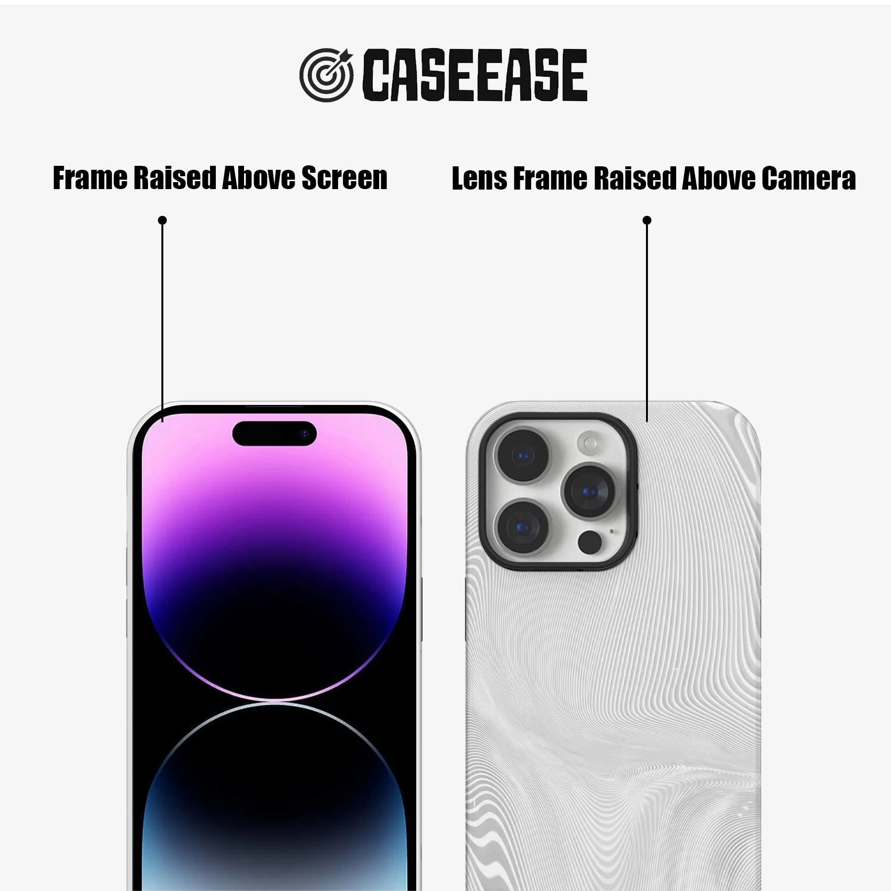 White wavy phone case front and back showing raised screen and camera frames