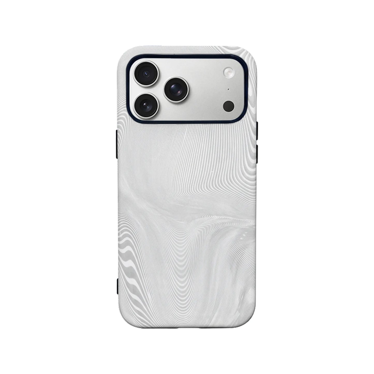White wavy patterned phone case shown from back with triple camera cutout