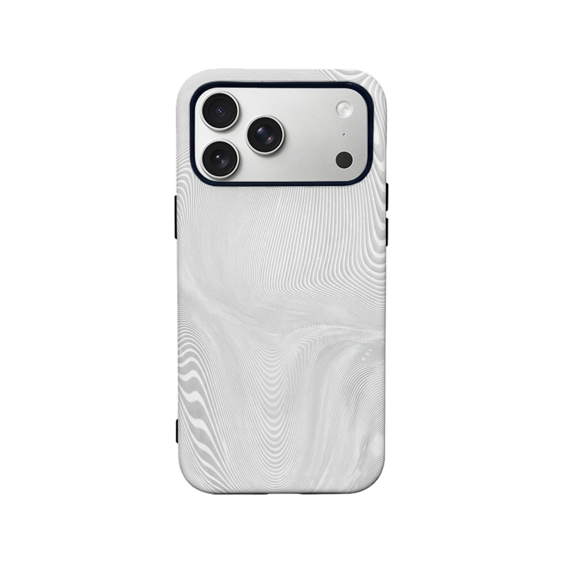 White wavy patterned phone case shown from back with triple camera cutout