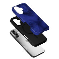 Blue patterned slide-on phone case shown exploded above smartphone back cover