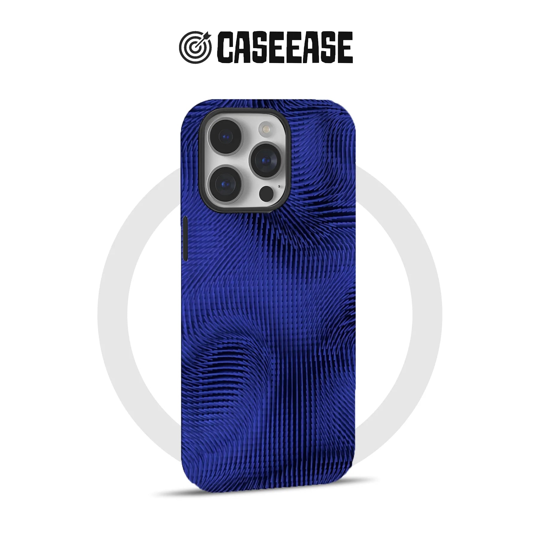 Blue textured CASEEASE phone case shown from rear with triple camera cutout
