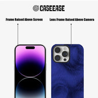 Blue textured phone case front and back views with raised screen and camera frames