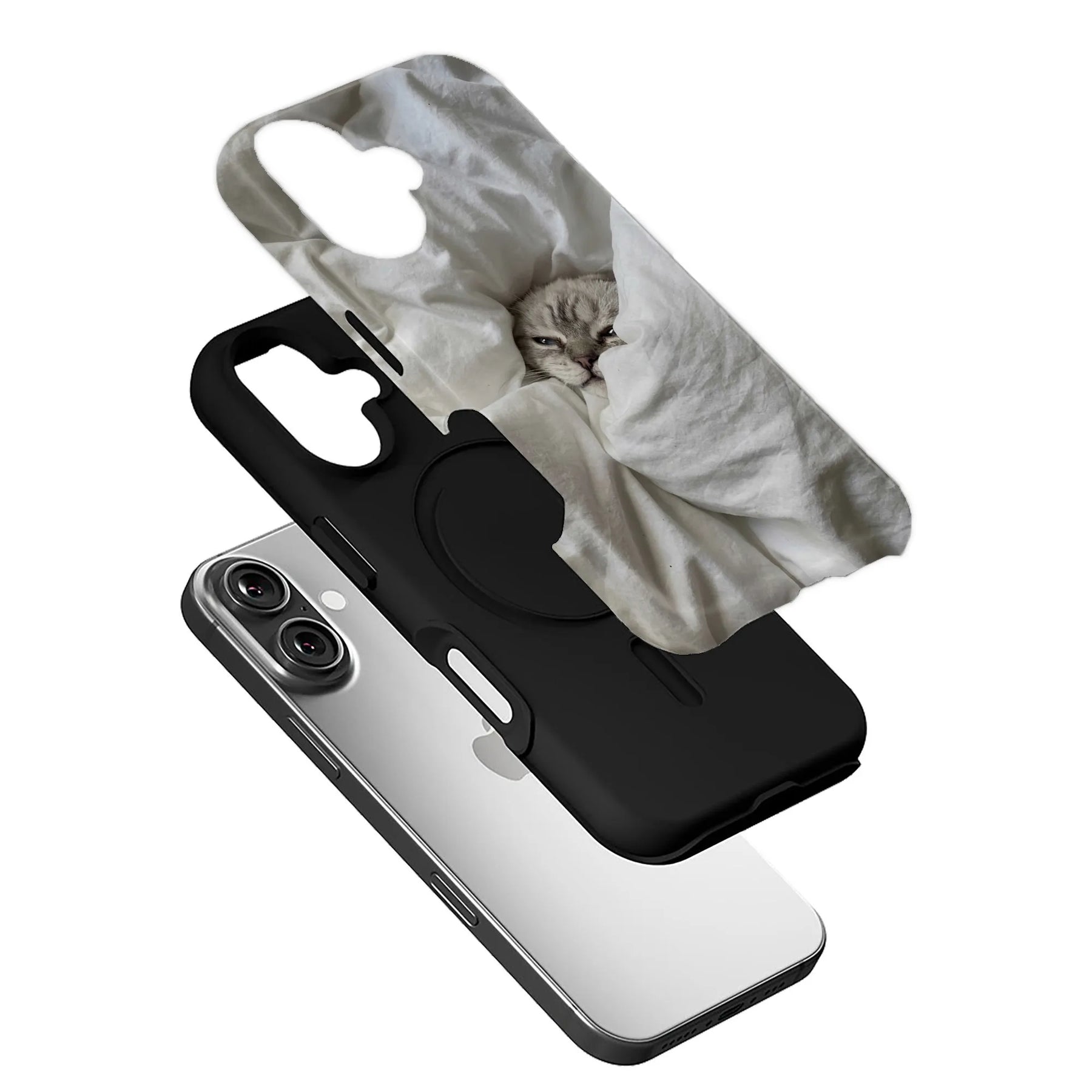 Black smartphone case with gray cat duvet print, angled product view over silver phone