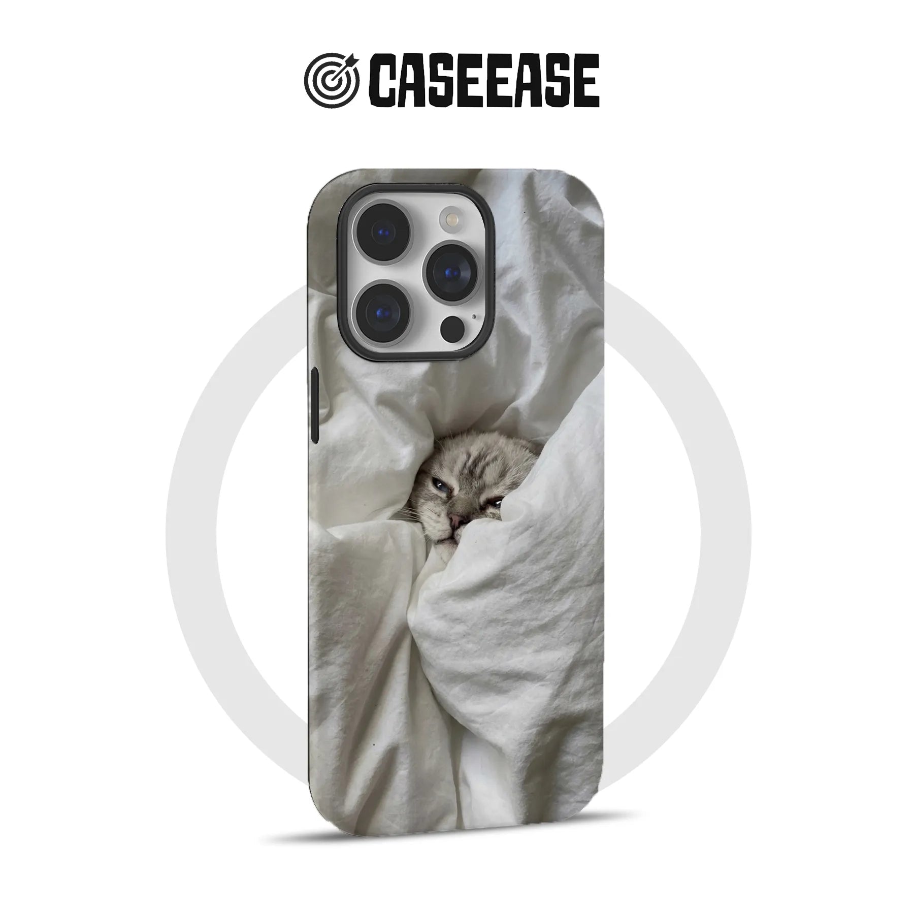 CASEEASE white and gray cat bedding print phone case, rear product view