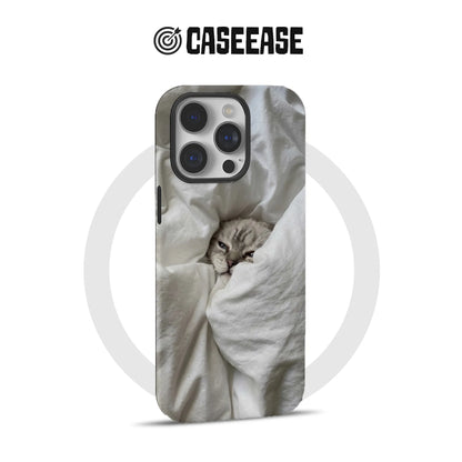 CASEEASE white and gray cat bedding print phone case, rear product view